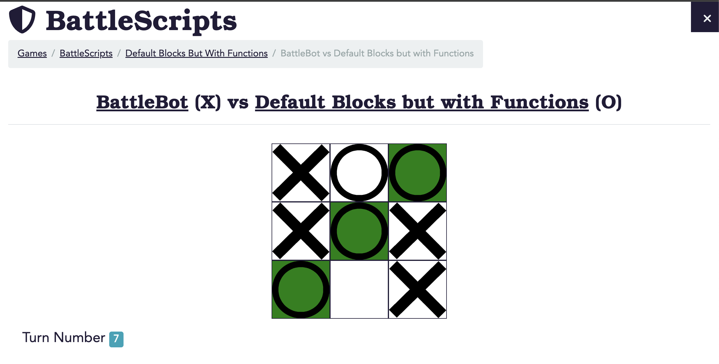 A website with the heading "BattleScripts" at the top. There is a tic-tac-toe board in the center of the page with a diagonal line of "O" marks higlighted in green from the bottom left to the top right. Above the tic-tac-toe board is the title "BattleBot (X) vs Default Blocks but with Functions (O)."