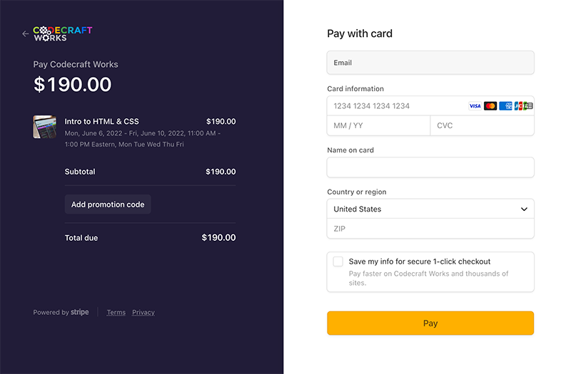 The Checkout page, which shows the name and price of items in the cart and allows you to enter payment information.