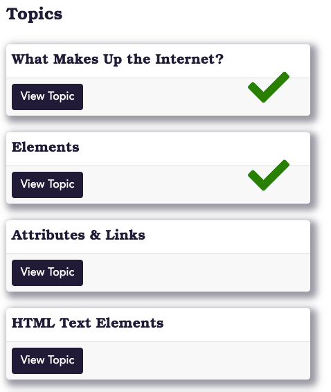 List of a lesson's topics. The first two topics have green checkmarks to the right of their titles. Two topics beneath them do not have green checkmarks.