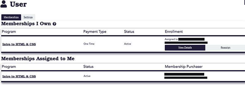 The 'Memberships' tab of the Account page, with its 'Memberships I Own' and 'Memberships Assigned to Me' sections.