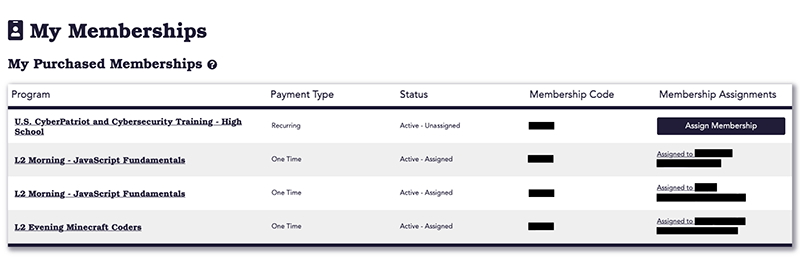 Screenshot of a screen labeled "My Memberships"