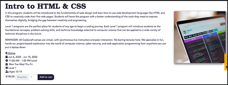 The program page for an 'Intro to HTML and CSS' program