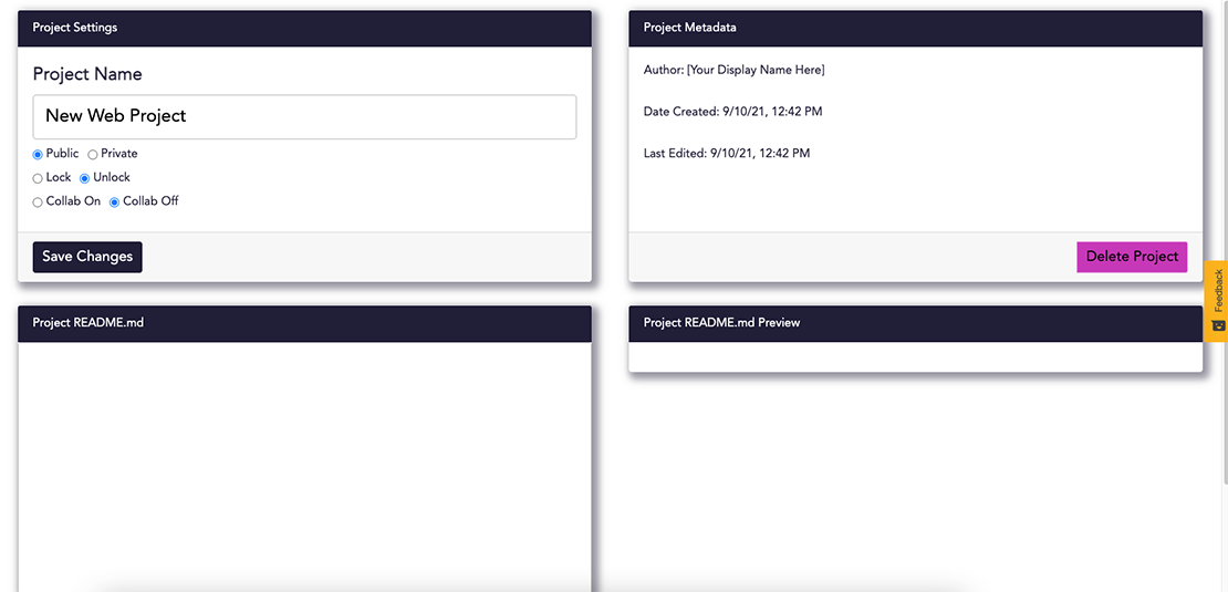 The Project Settings, Project Metadata, Project Readme.md, and Project Readme.md Preview sections of the Settings view.