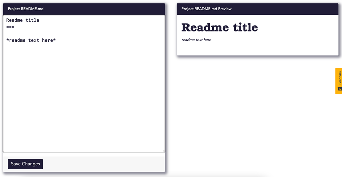 A short example of markdown code is displayed in the Project Readme.md box on the left, and the result of that markdown code is shown in the Project Readme.md Preview box on the right.