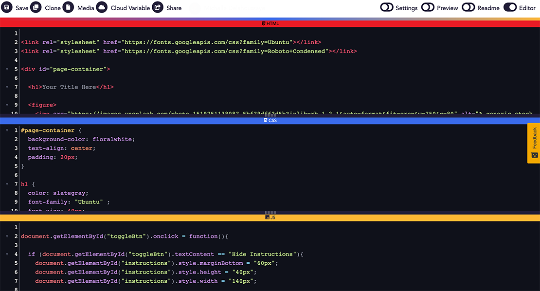 A full-screen view of the IDE's code editor, with the navigation bar at the top.