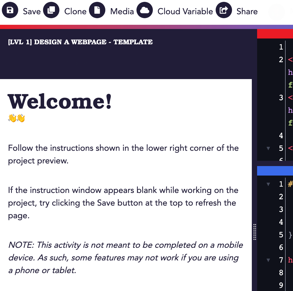 A close-up view of a web project's Readme as it appears to the left of the code editor and below the navigation bar at the top of the page.