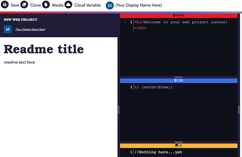 The Readme section with its placeholder text, as it appears to the left of the code editor and below the navigation bar in the online IDE.