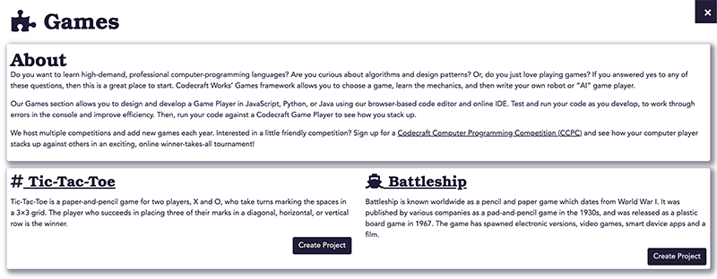 The 'Games' page, with its 'About', 'Tic-Tac-Toe', and 'Battleship' sections.