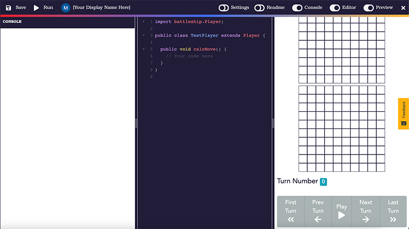 Codecraft's Battleship editor with the navigation bar at the top, console on the left, code editor in the middle, and project preview on the right.