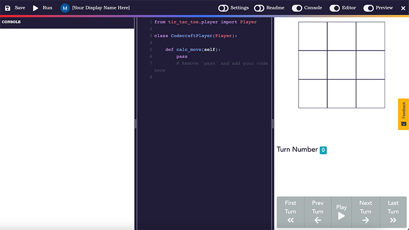 Codecraft's tic-tac-toe editor with the navigation bar at the top, console on the left, code editor in the middle, and project preview on the right.