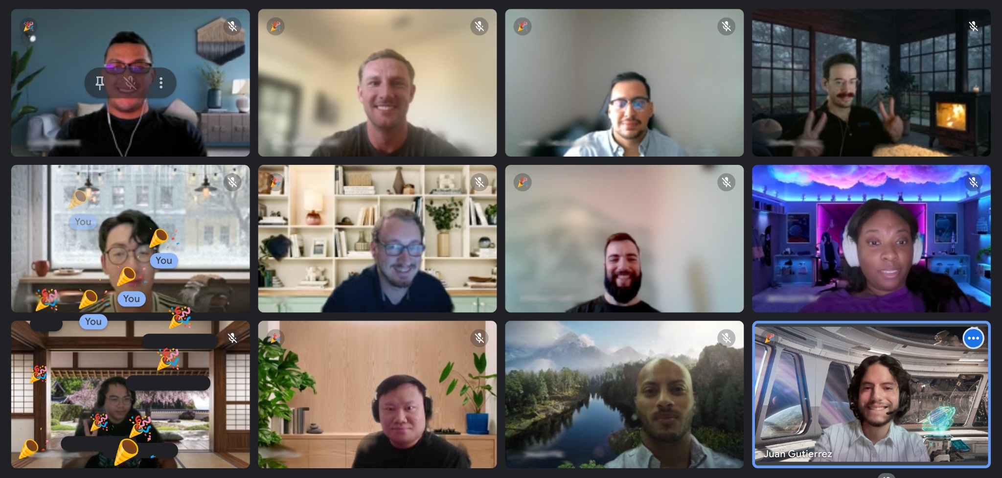 A screenshot of a video conference with 12 smiling participants in a 4x3 grid of tiles, with each person's video feed in their own tile. There are party popper emojis scattered on the far left side of the video conference.