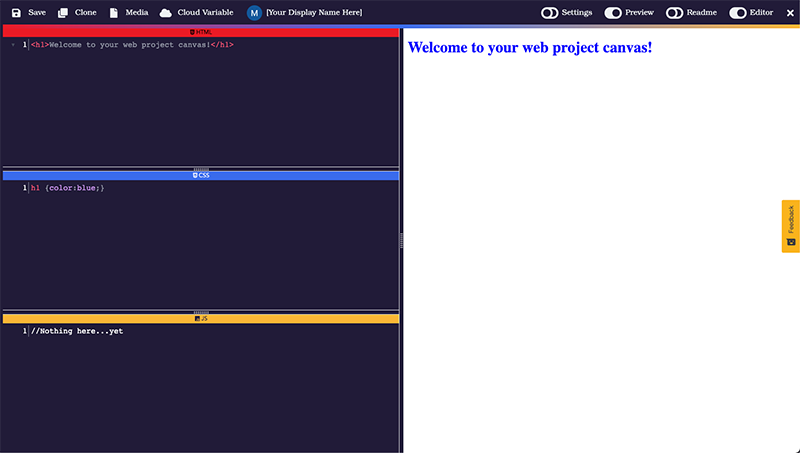 Codecraft's web editor with the navigation bar at the top, code editor on the left, and project preview on the right.