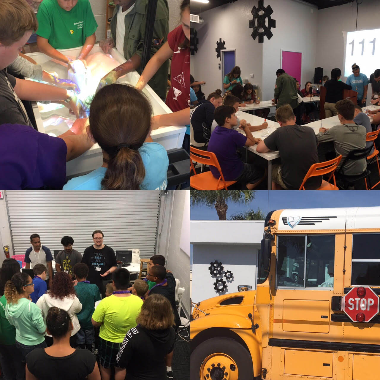 A collage of four images. The top left image depicts a group of children putting their hands under multicolored lights. The top right image depicts students sitting at and writing on tables. The bottom left image depicts a group of students gathered around a lecturer. The bottom right image depicts a yellow school bus