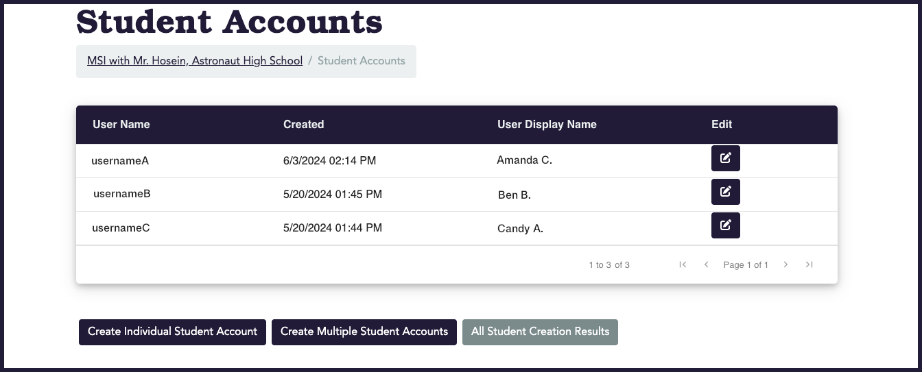 A screenshot of a web page with the title, "Student Accounts" at the top. There is a table with four columns: User Name, Created, Display Name, and Edit. The three rows each have a button with a pencil icon in the Edit column. Beneath the table are three buttons: Create Individual Student Account, Create Multiple Student Accounts, and All Student Creation Results.