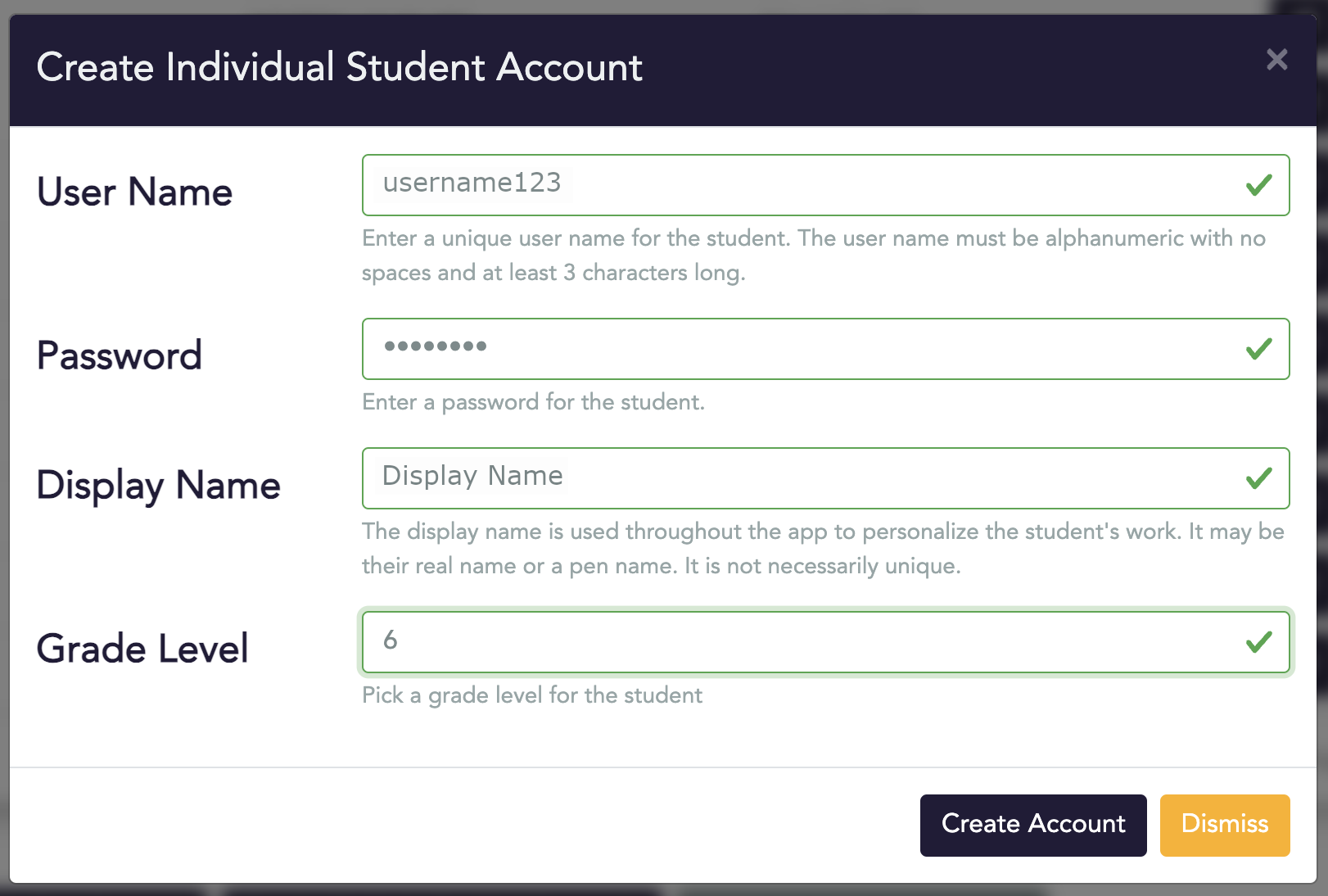 A screenshot of a pop-up web form titled, "Create Individual Student Account". It has four editable fields: User Name, Password, Display Name, and Grade Level. There are two buttons at the bottom, labelled "Create Account" and "Dismiss". 